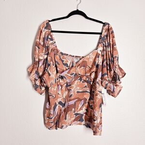Nine West Women's Size 3X Crop Top w/Elastic In Sleeves & Neckline Floral NWT